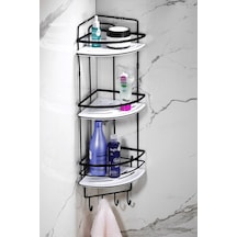 3 Katlı Kancalı Yapışkanlı Banyo Köşe Rafı – Ayarlanabilir Kristal Raf (Yapıştır/Vidala) Siyah-Beyaz - LK-03 - SBSK