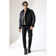 M M Marki Marki Erkek Hakiki Deri Mont, Lacivert, İçi , 70 Cm, Fermuarlı, Klasik