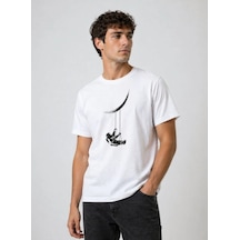 Barlashive Erkek Astronot Ay Temalı Tişört Kısa Kol Yazlık Bisiklet Yaka T-shirt - Beyaz Çok Renkli