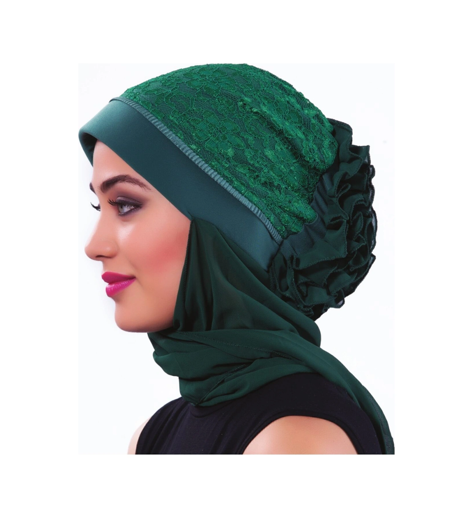 Kordoneli Atkılı Arkası Fırfırlı Önü Plise Biyeli Yeşil Hazır Türban Tesettür Bone Hürrem