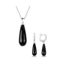 Gümüş Uzun Damla Model Kolye Küpe Oniks Taşlı Set