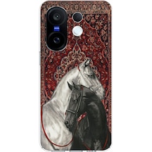 Vivo X200 Fe Uyumlu Geleneksel Halı Motifli Siyah Beyaz At Baskılı Silikon Kılıf Renkli