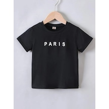 Paris Yazılı Pamuklu Çocuk T-shirt- Siyah Baskılı Kız Erkek Çocuk Yazlık Bisiklet Yaka Tişört Siyah
