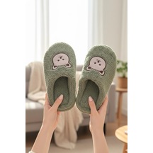 Ft 103 Panda Nakışlı Kadın Ev Terliği Peluş Terlik Çeyiz Ve Bohça Terliği Ses Yapmaz Kalın Taban Yeşil