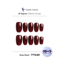 15'li Bordo Kısa Oval Tt1420 Tekrar Kullanılabilir El Yapımı Protez Takma Tırnak Xs