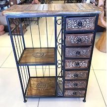 Ahşap Ferforje Oymalı Dresuar Etajer 7 Çekmeceli 60x29x80 Cm. Siyah