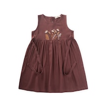 Cigit Nakışlı Yandan Bağlamalı Keten Elbise 2-7 Yaş Mürdüm MÜRDÜM