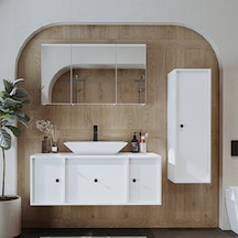 Lavabolu Mdf 120 Cm Çekmeceli Dolap + Aynalı Üst Dolabı Beyaz Mat Beyaz
