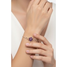 Çekirdekjewelry 925 Ayar Gümüş Mor Zirkon Taşlı Çiçek Figürlü Zarif Altın Renk Kadın Bileklik Sarı
