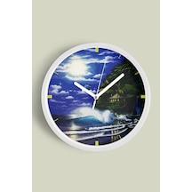 Gece Manzaralı Okyanus Dalgaları Modern Duvar Saati - 42cm - Önü Camlı Beyaz Kasa - Sessiz Mekanizma Beyaz