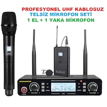 Profesyonel Uhf Kablosuz Telsiz Mikofon Seti 1 El + 1 Yaka Mikofon