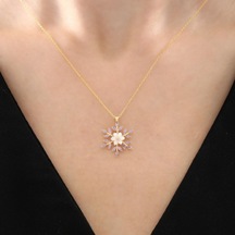Mia vento Ametist Taşlı Kar Çiçeği Gold Renk Flowers Gümüş Kolye