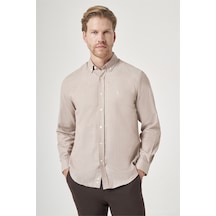 İmza Bej-beyaz Düğmeli Yaka Oxford Slim Fit Pamuklu Gömlek 1004265124 K.bej - Beyaz