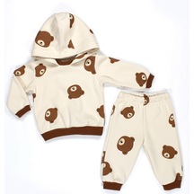 Ayıcık Desenli Kapüşonlu Bebek Alt Üst Takım Bej - Kahverengi