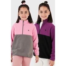 Lela Yumuşak Dokulu Yarım Fermuarlı Renk Bloklu Dik Yaka 2'Li Paket Çocuk Polar 5905004S2 Mor Siyah-Şeker Pembe Gri