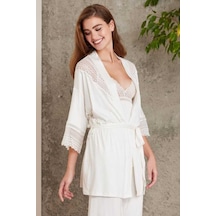 Pierre Cardin 2820 Kadın Ekru Dantelli Penye 3'lü Sabahlıklı Pijama Takım Ekru