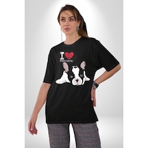Seni Seviyorum Bulldog Pamuklu Bisiklet Yaka Unisex Oversize Boyfriend Dijital Baskılı Siyah T-shirt Siyah