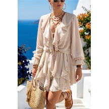 Fashion Cocktail Uçuşan Akışlı Soft Romantik Luxury Volanlı Ege Mood Lastikli Etek Geniş Yaka Bluz Şifon Yazlık Takım Bej