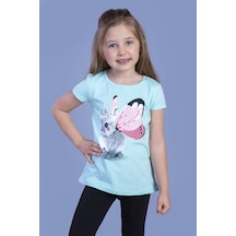 Toontoy Kids Toontoy Kız Çocuk Tavşan Baskılı Pul İşlemeli Tişört Mint Yeşili