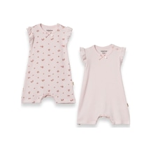 Babycosy Organic Wear %100 Organik Pamuk,2 Li Kız Bebek Tulum,fırfırlı Kısa Kol,yazlık Tulum Set,0-24 Ay,bebek Serisi Pembe