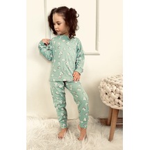 Kız Çocuk Fitilli Kumaş Çiçek Desenli Pijama Takımı Esnek Kumaş Yeni Sezon Yeşil Renk Yesil