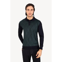 Erkek Lacivert Yeşil Polo Yaka Çizgi Desenli Triko Yeşil - Lacivert