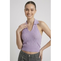 Neden Tekstil Kadın Polo Yaka Sırt Dekolteli Crop Bluz - Lila
