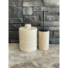 Traverten Doğal Taş Çöp Kovası Ve Wc Fırçalığı 2'li Mat Siyah Fırça Beyaz