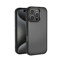Apple Uyumlu iPhone 16 Pro Max Kılıf Karbon Fiber Görünümlü Parlak Kamera Çerçeveli Klfs Venus Kapak-siyah Siyah