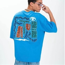 Flood Of Style Erkek Mavi Future Baskılı Oversize Bisiklet Yaka Tshirt