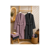 2'li Carla Havlulu Bornoz Seti 2 Adet Unisex Bornoz + 2 Adet 50x90 Baş Havlusu, Yumuşak Dokulu, 340 Gsm, S/m - L/xl Mürdüm - Antrasit Gri