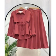 Lovie Moda Kadın Parça Detaylı Etekli Takım Pembe
