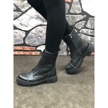 Umut Hakiki Deri Kışlık Kauçuk Taban Postal Kadın Bot Sıyahsıyah