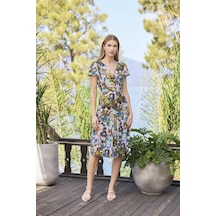 Monamise Kadın Desenli Önü Düğmeli Kısa Kollu V Yaka Elbise 25049 Mor