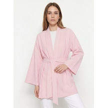 Saade Sââde Kadın Dikey Çizgili Geniş Kollu Şık Yazlık Relaxed Kimono Pembe