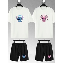 Unisex Kadın Erkek Stitch Angel Baskılı Sevgili Çift Kombini Tasarım Oversize Tshirt Ve Şort Beyaz Mck2185 Beyaz