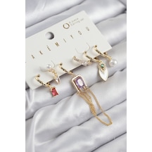 Pirinç Zirkon Taşlı Sallantılı Ve İncili Gold Renk 6'lı Küpe Set çok renkli