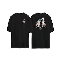 Thewert Unisex Sörf Tahtası Ve Ağaçlar Ön Arka Baskılı Sıyah Oversize T-shirt Siyah