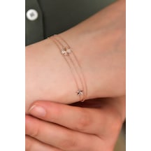 Papatya Silver 925 Ayar Gümüş Rose Kaplama Tek Yonca İki Yıldız Kristal Kesim Üç Zincir Bileklik