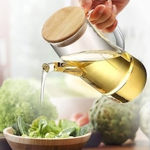 Bambu Kapklı Borosilikat Cam Yağlık & Sirkelik 1 Litre Isıya Dayanıklı & Sızdırmaz Tasarım Bambu Kapaklı Şeffaf Cam Yağdanlık 1000ml Açık Bej