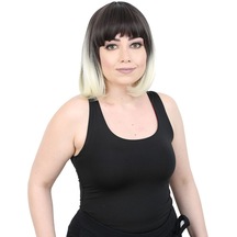 Kısa Küt Perçemli Fiber Sentetik Peruk / Küllü Siyah / Platin Ombreli - Rxlu-462195 Renkli