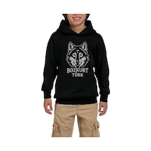 Zepplin Giyim Beyaz Çizgisel Kurt Başı Bozkurt Türk Yazılı Baskılı Siyah Çocuk Kapşonlu Sweatshirt