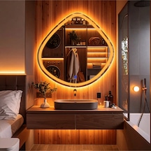 Arelu Amber Led'li Lazer Kumlamalı Lavabo & Banyo Aynası Dokunmatik Sensörlü 90 X 90 Turuncu