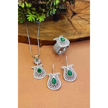 Zümrüt Taşlı Lale Motifli Oksitli Telkari Gümüş Set 925 Ayar Aks-2018