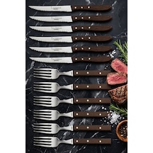 Lazbisa Mtf-062 Hand Craft Serisi Steak Et Yemek Kahvaltı Bıçağı Çatalı 12 Li Set Mutfak Bıçak Seti Ahşap