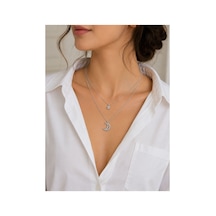 Çift Katlı Ay Ve Zirkon Taş Detaylı Gümüş Renk Kolye Gümüş - 889121078 Gümüş