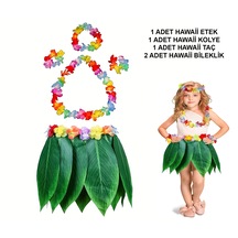 Çocuk Hawaii Kostüm Seti - Yaprak Etek &amp Amp Hawaii Set - 5 Parça Çok Renkli