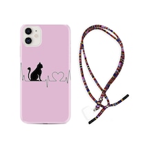 Apple Uyumlu iPhone 12 Mini Kılıf Rasta Boyun Askılı Pink Cat Heart 1303