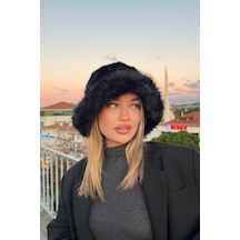 Mollycrush Suni Kürklü Peluş Bucket Kalpak Şapka Luxury Kadın Siyah Rus Slav Tarzı Siyah