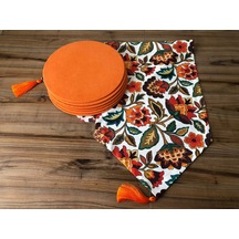 Çiçekli Şal Desenli Runner & Turuncu Düz Supla Çok Renkli